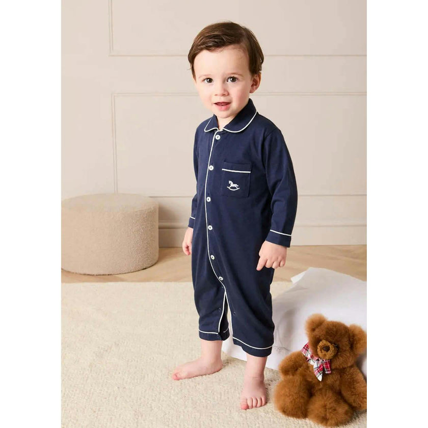 Rocking Horse Embroidered Pima Cotton All In One Pyjamas in Navy (6mths-3yrs)