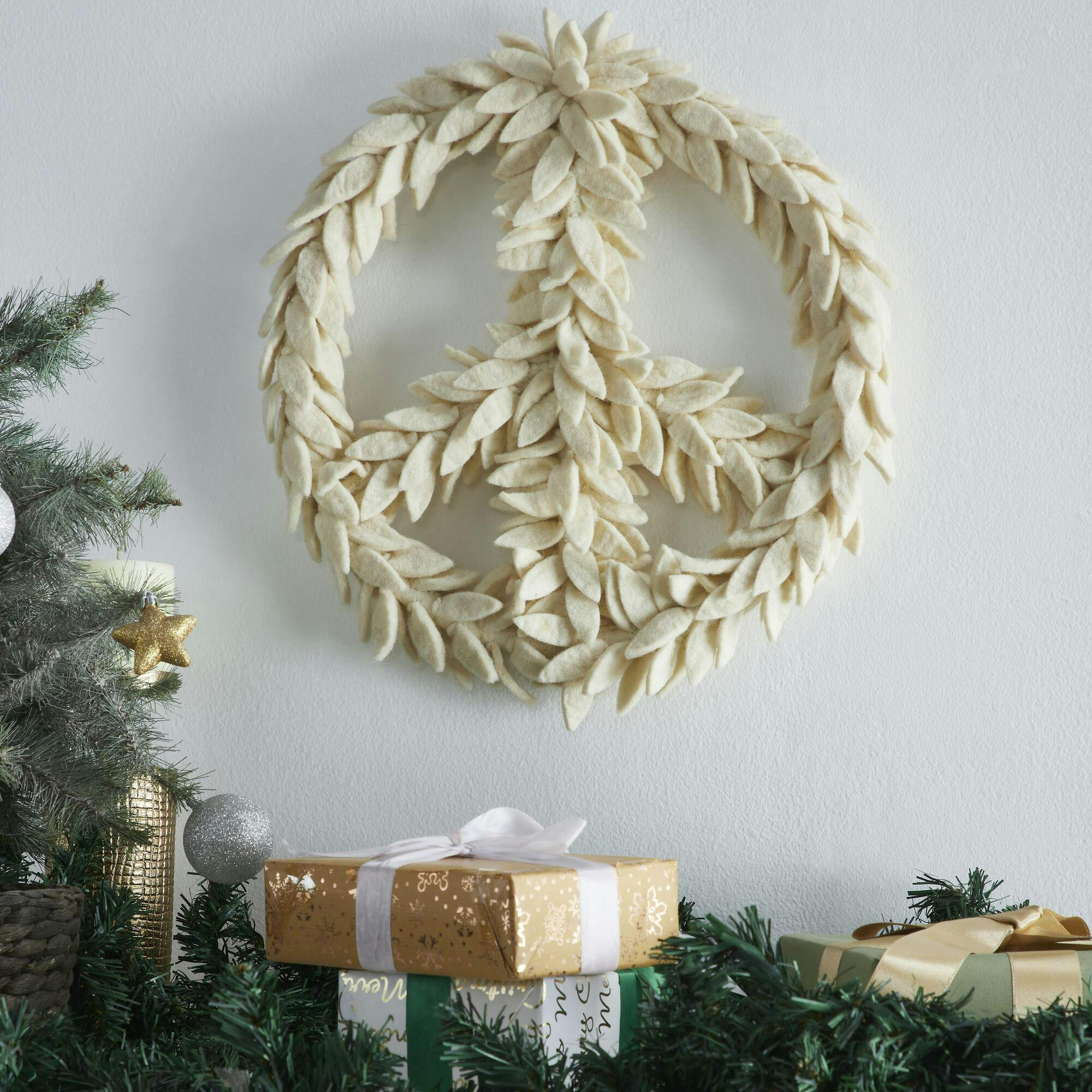 Handmade Hand Felted Wool Wreath - Peace Symbol in Cream - 14