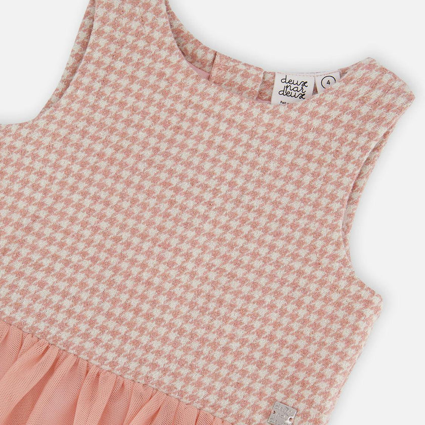 Bi-Material Sleeveless Dress Pink Houndstooth