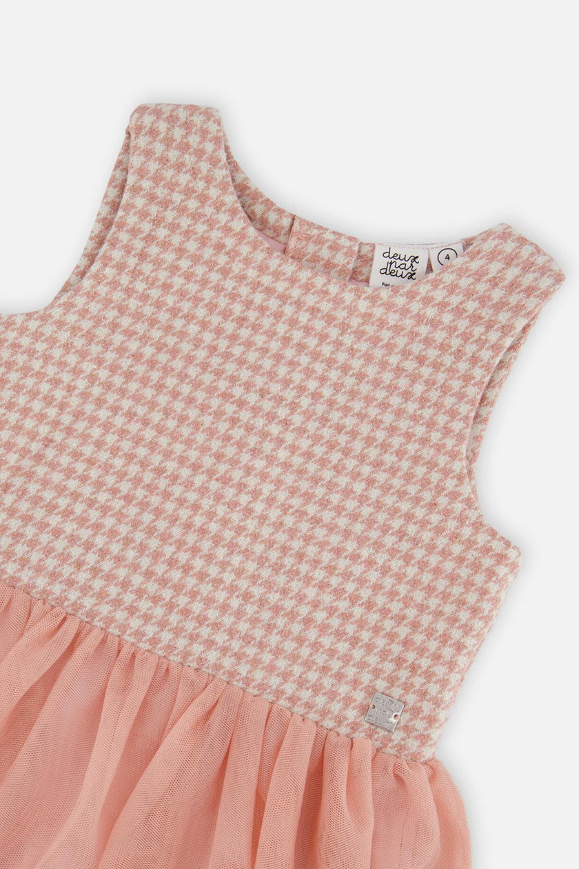 Bi-Material Sleeveless Dress Pink Houndstooth