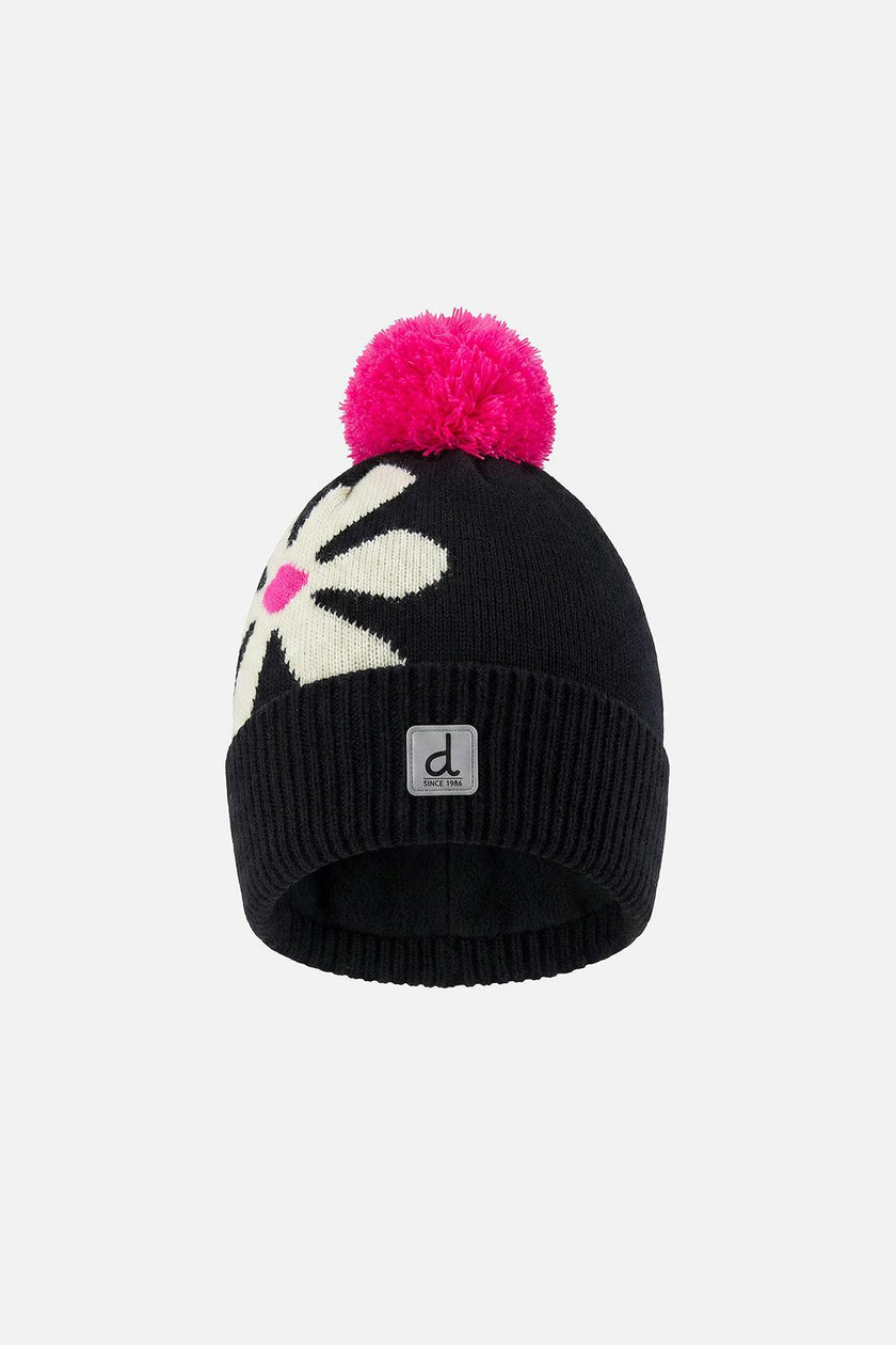 Winter Knit Hat with Pompom Black, White and Pink