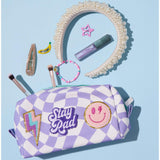 Checkered Pattern Pencil Pouch With Patches