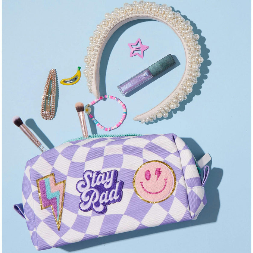 Checkered Pattern Pencil Pouch With Patches