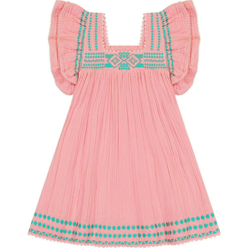 Serena Tassel Embroidered Double Flutter Sleeve Dress, Pink