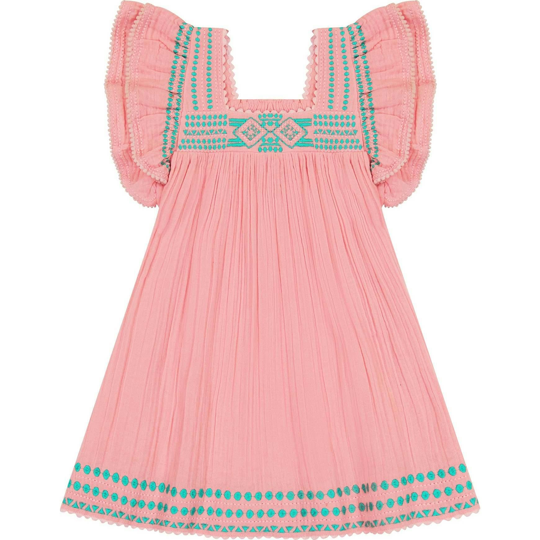Serena Tassel Embroidered Double Flutter Sleeve Dress, Pink