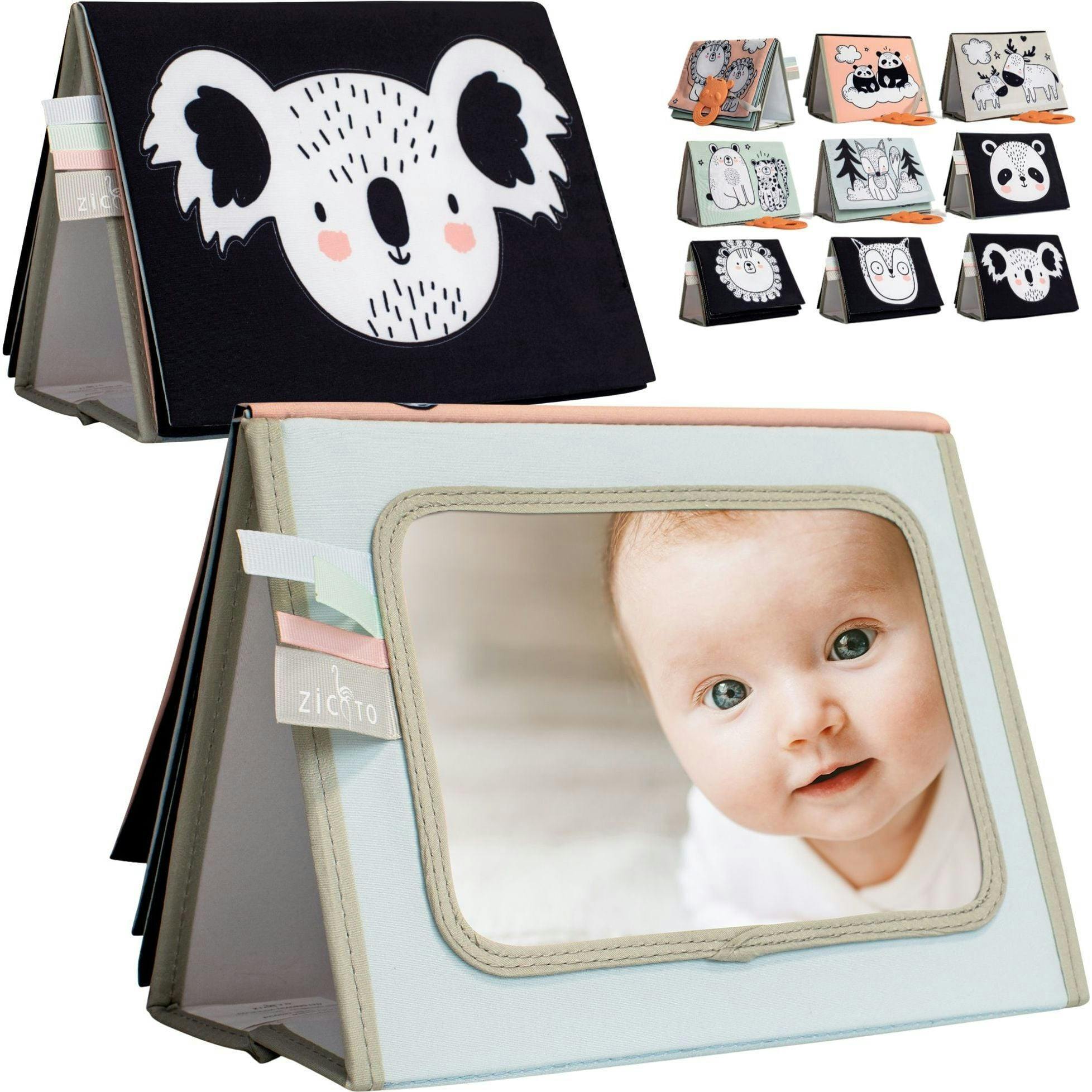 Soft Tummy Time Book w/Large Stimulating Baby Safe Mirror - High Contrast Montessori Toy w/Mirror, Crinkle Filling & Silicone Teether - For Newborn Development