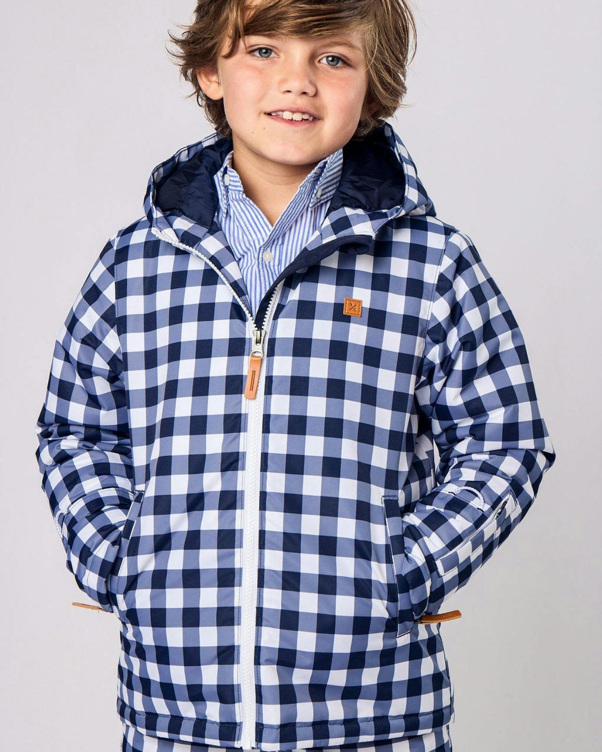 Kids Winter Coat in Navy Gingham