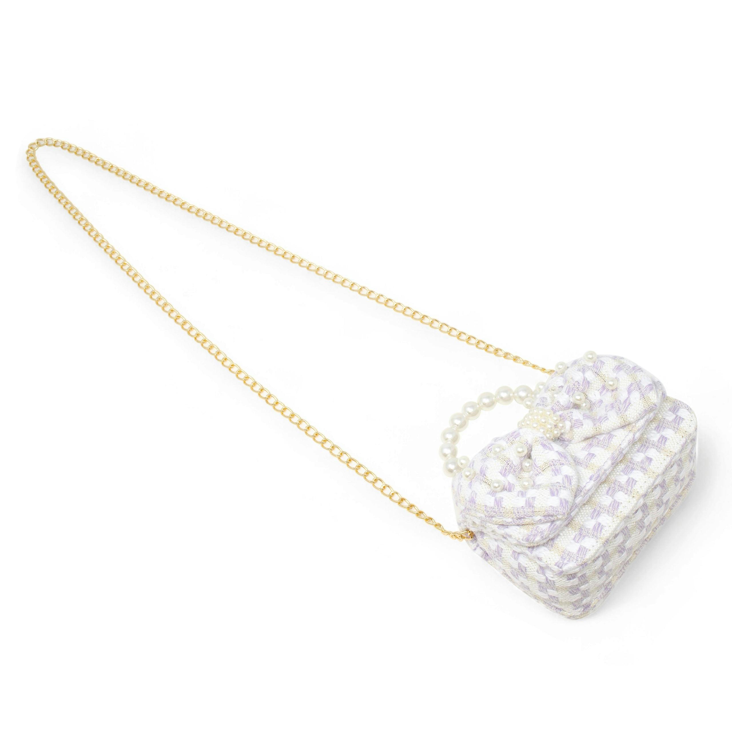 Girls Tweed Jumbo Pearl Bow Handbag