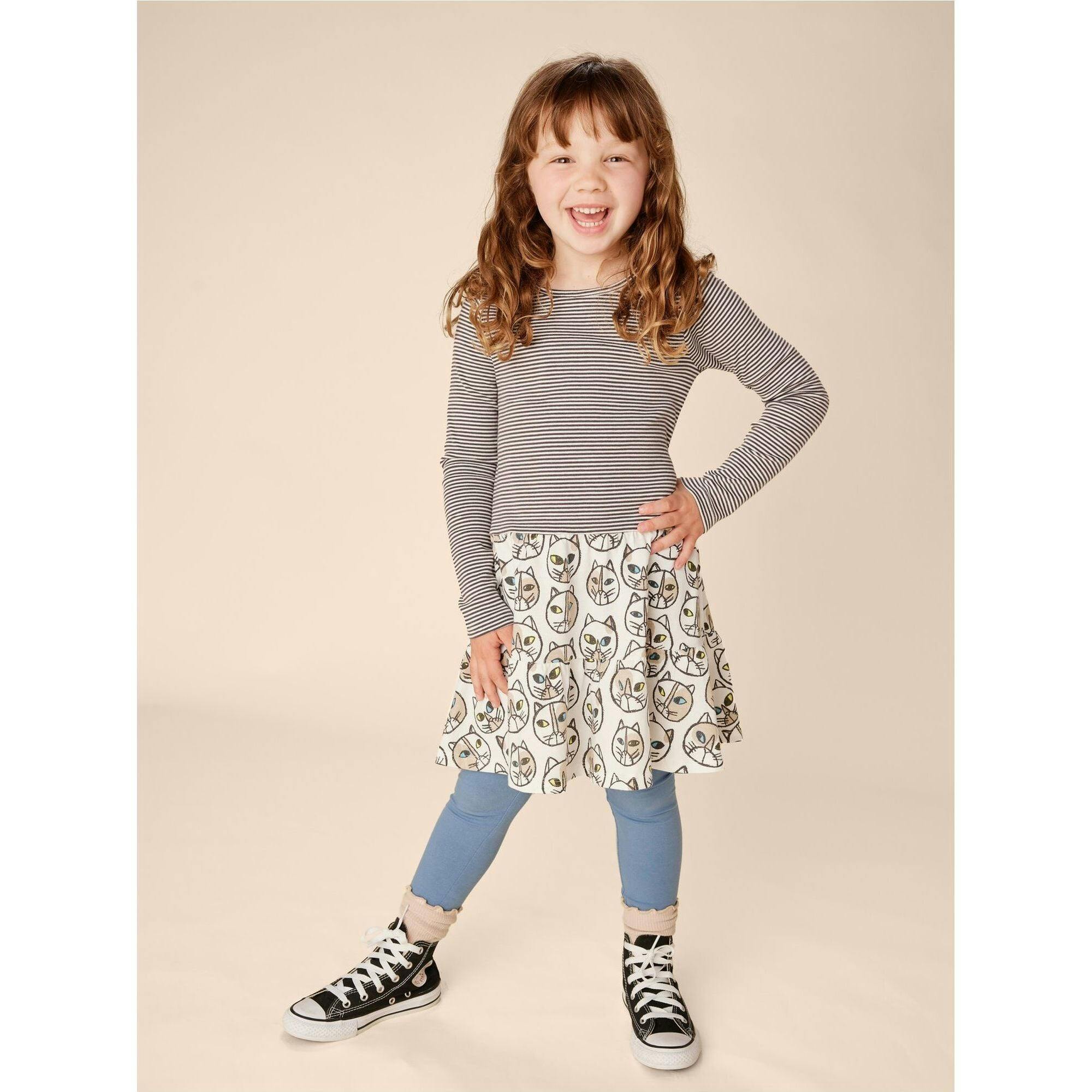 Mix Print Long Sleeve Tiered Twirl Skirt Dress, Multi