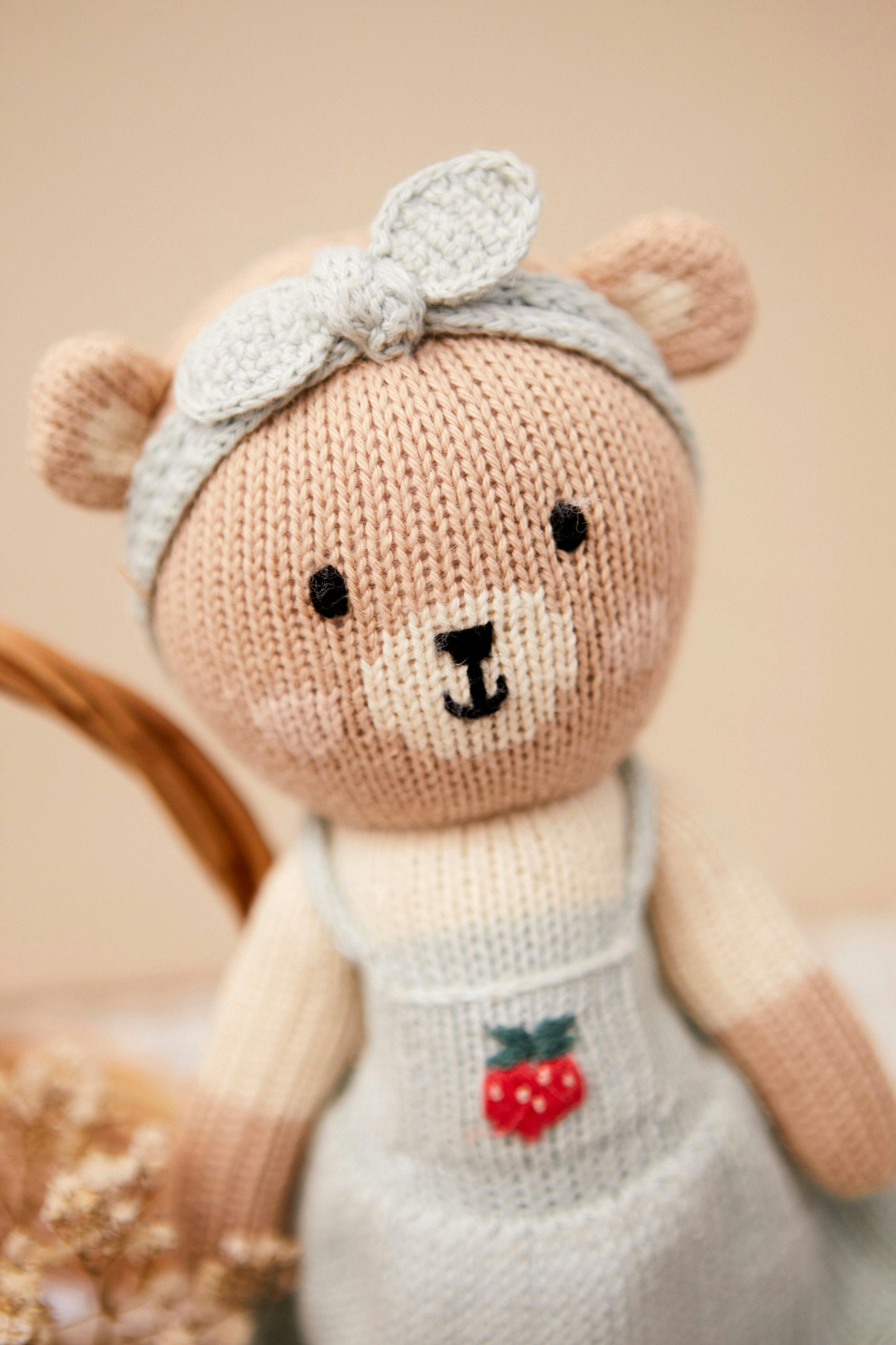 Emma the bear with strawberry  Light blue & natural - 11