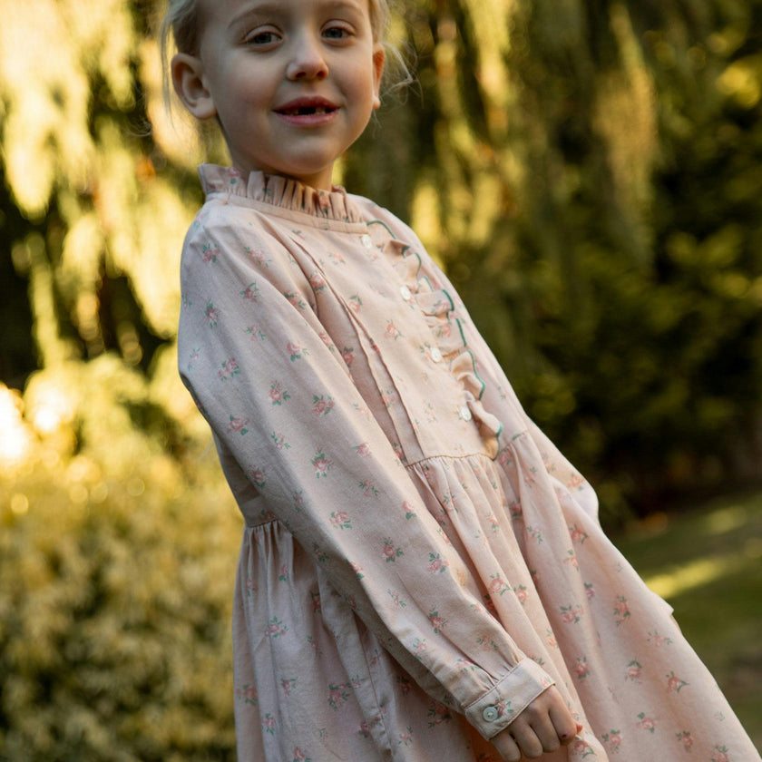 Girls Long Sleeves Dress with Front Ruffle | Vintage Pink Rose