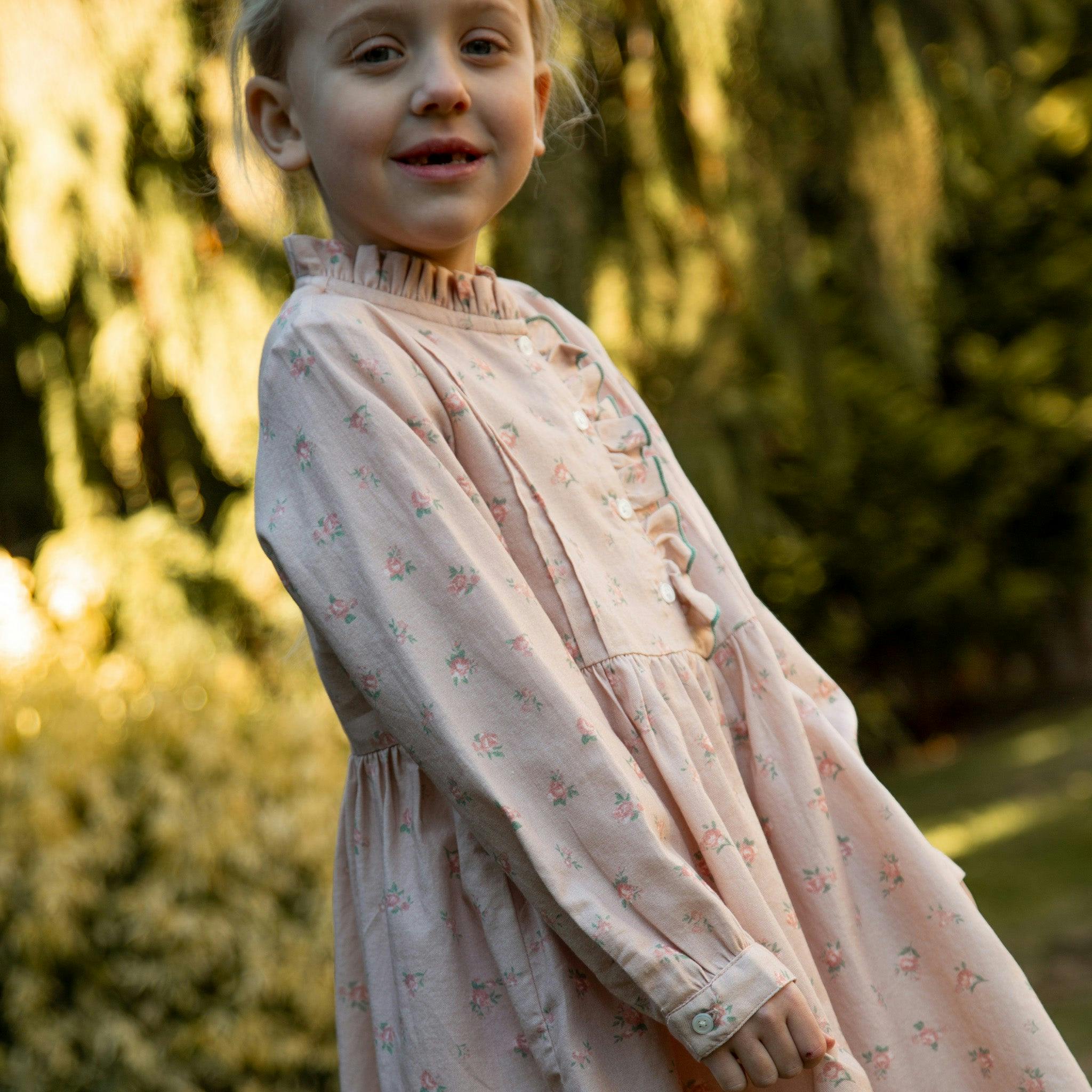 Girls Long Sleeves Dress with Front Ruffle | Vintage Pink Rose