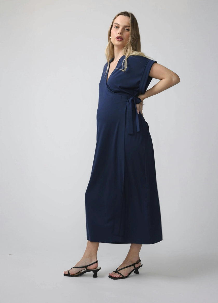 Short Sleeve Knit Wrap Maternity Midi Dress