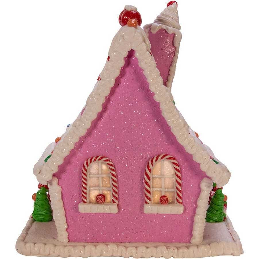 10-Inch Pink Battery-Operated Candy LED Gingerbread House Table Piece