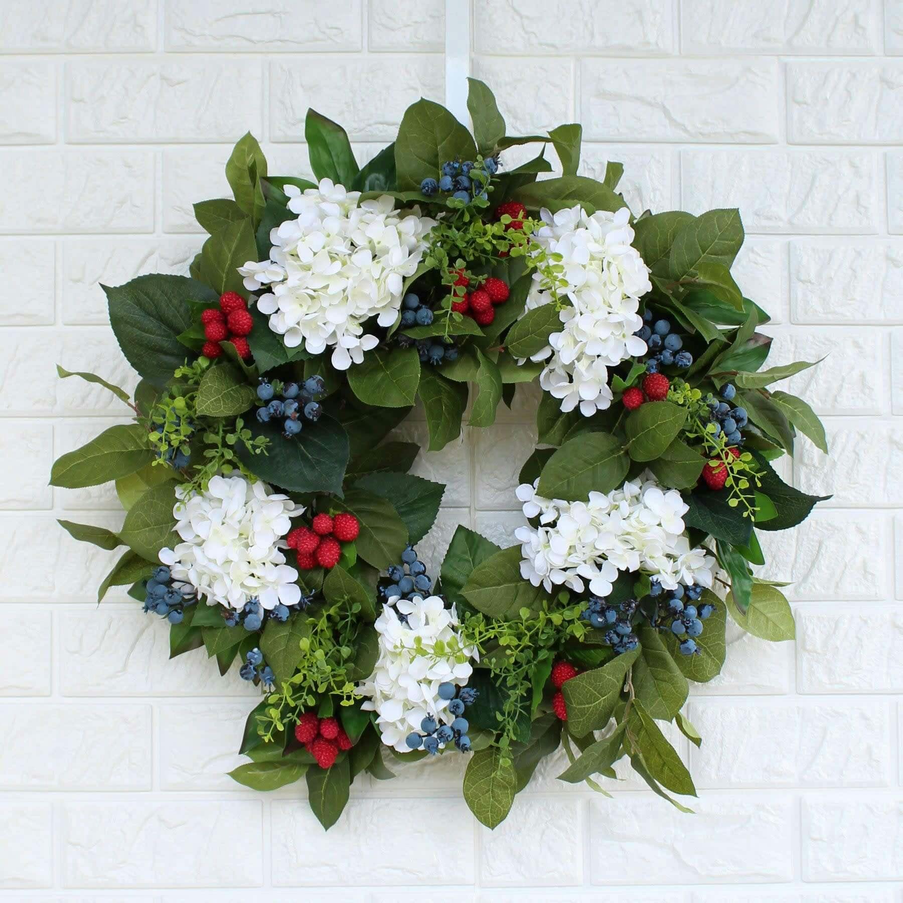 Williamsburg Style Americana Fruit Wreath with Hydrangea, Raspberry & Blueberry Summer Front Door Wreath