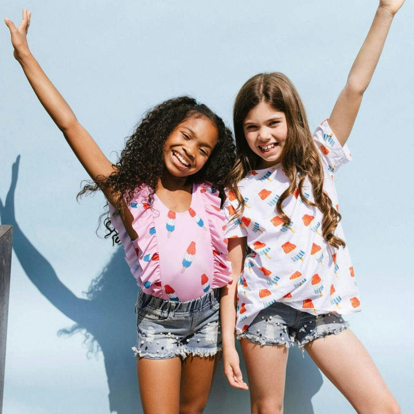 Pinkie Bomb Pop Ruffle Shoulder One-Piece Swimsuit