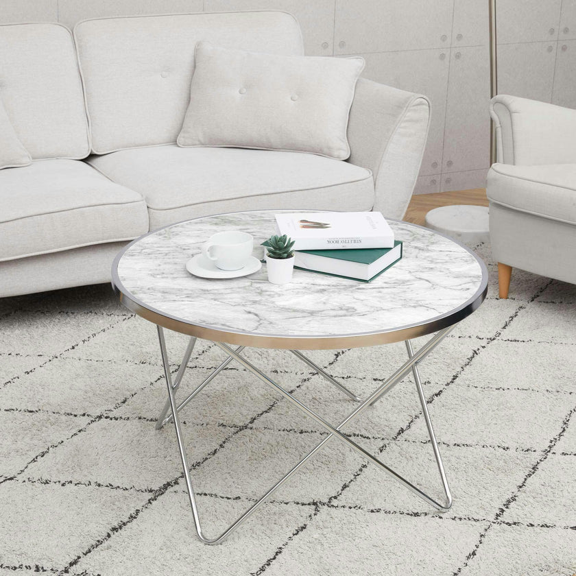 Margo Small 32 Inch Round Faux White Carrara Marble Coffee Table with Silver Metal Geometric Criss Cross Base and Legs