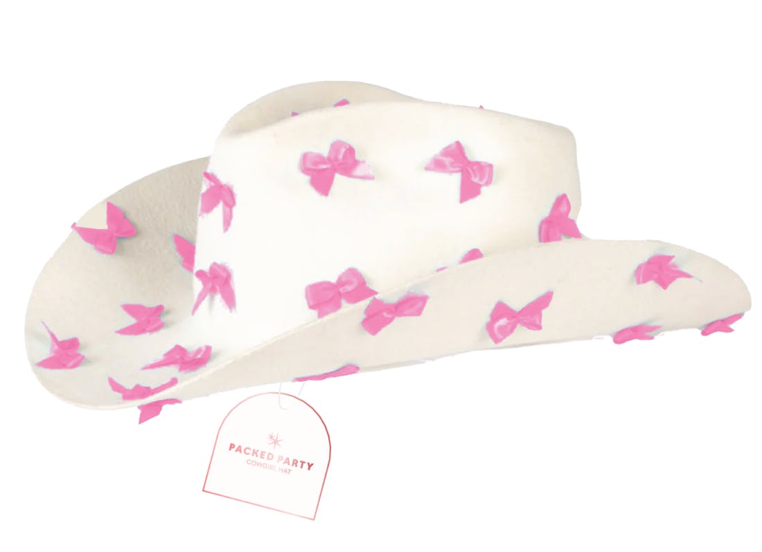 Packed Party Howdy Darling Pink Bow Cowboy Hat - White Felt Cattleman's Crease Cowgirl Hat with Pink Satin Ribbon Bows, One Size Fits All