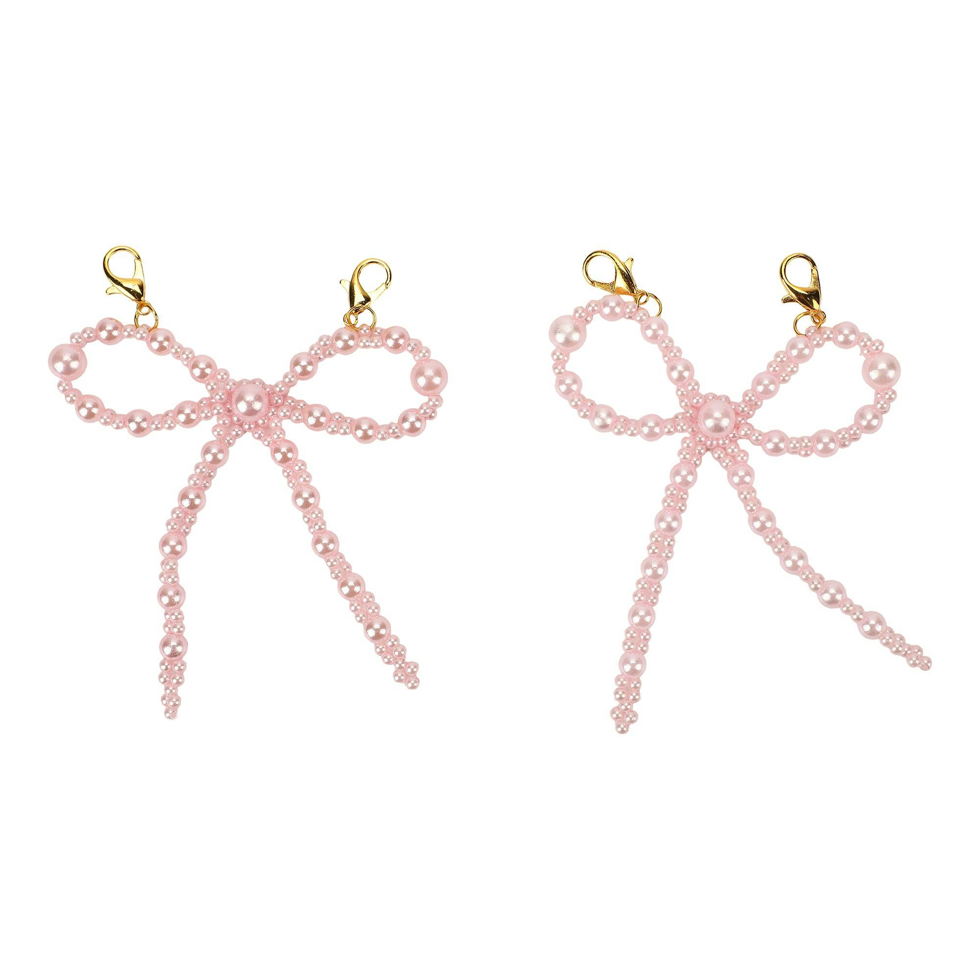 Packed Party Pink Pearl Bow Shoe Charms - Multi-Sized Faux Pearl Bow Charms with Lobster Clips for Sneakers, 2.75x3.3 Inch