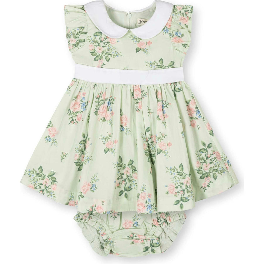 Organic Flutter Sleeve Sateen Dress with Peter Pan Collar, Green