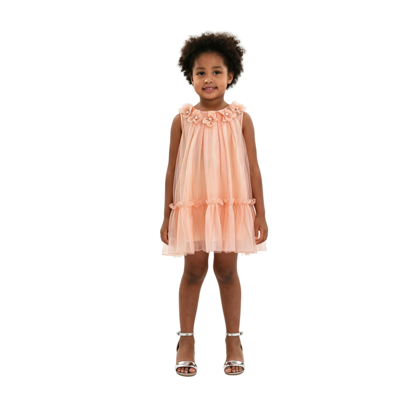 Peach Mariselle Floral Ruffle Dress