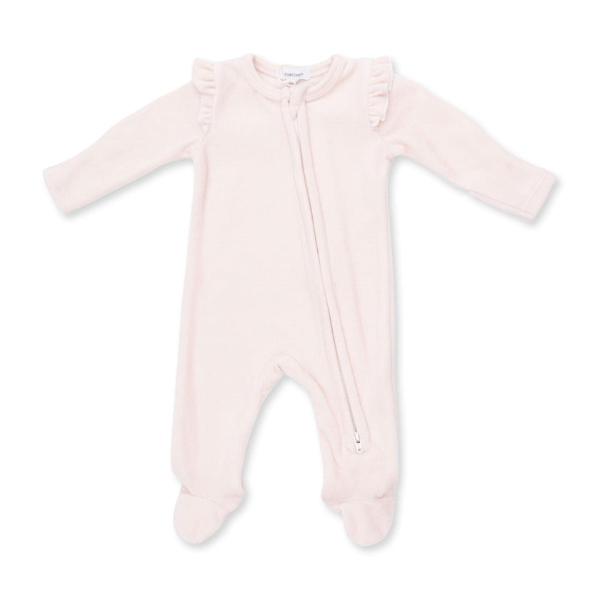 Velour Soft Pink - 2 Way Ruffle Sleeve Zipper Footie
