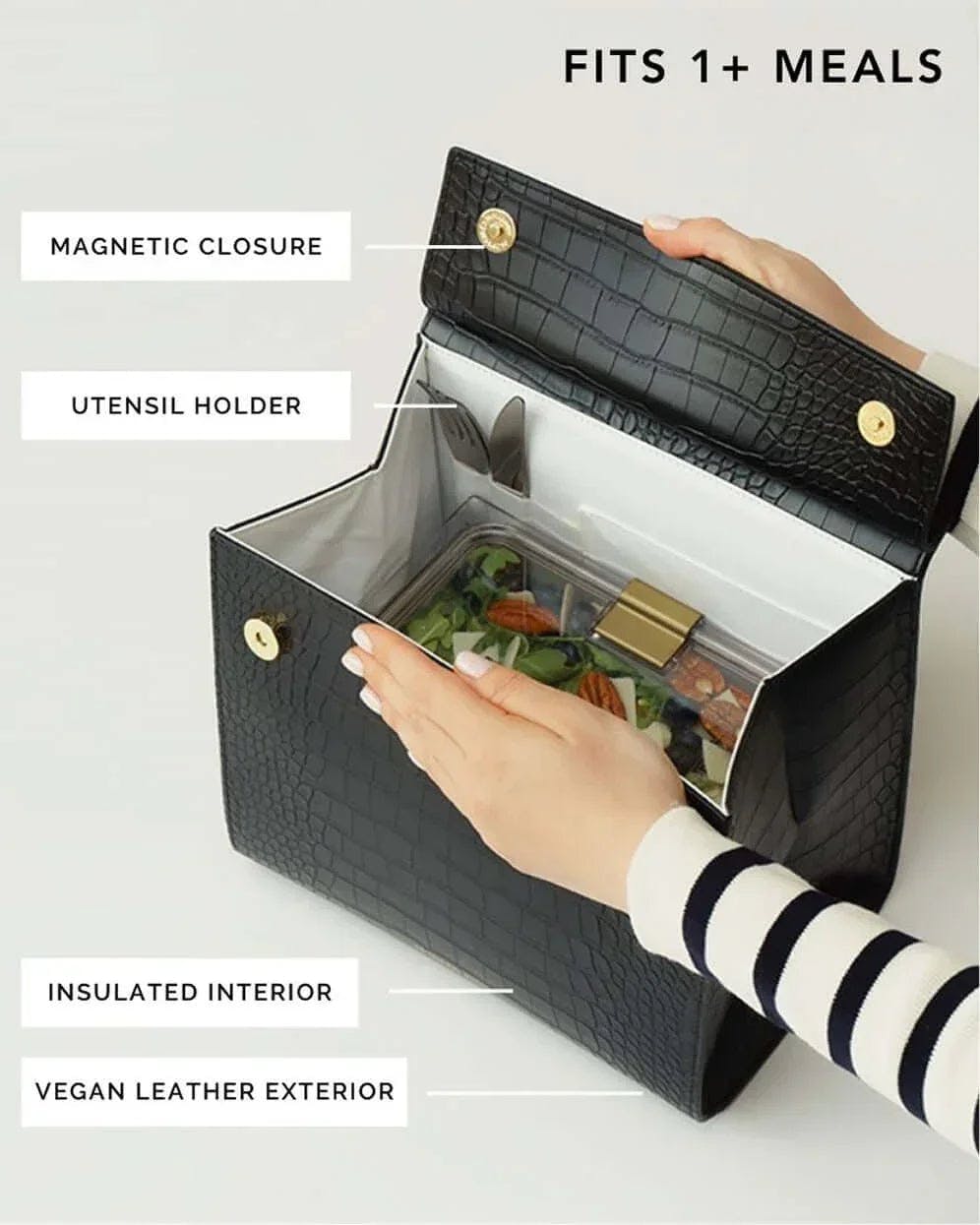 Medium Stylish, Chic Insulated Lunchbox, Black Croc
