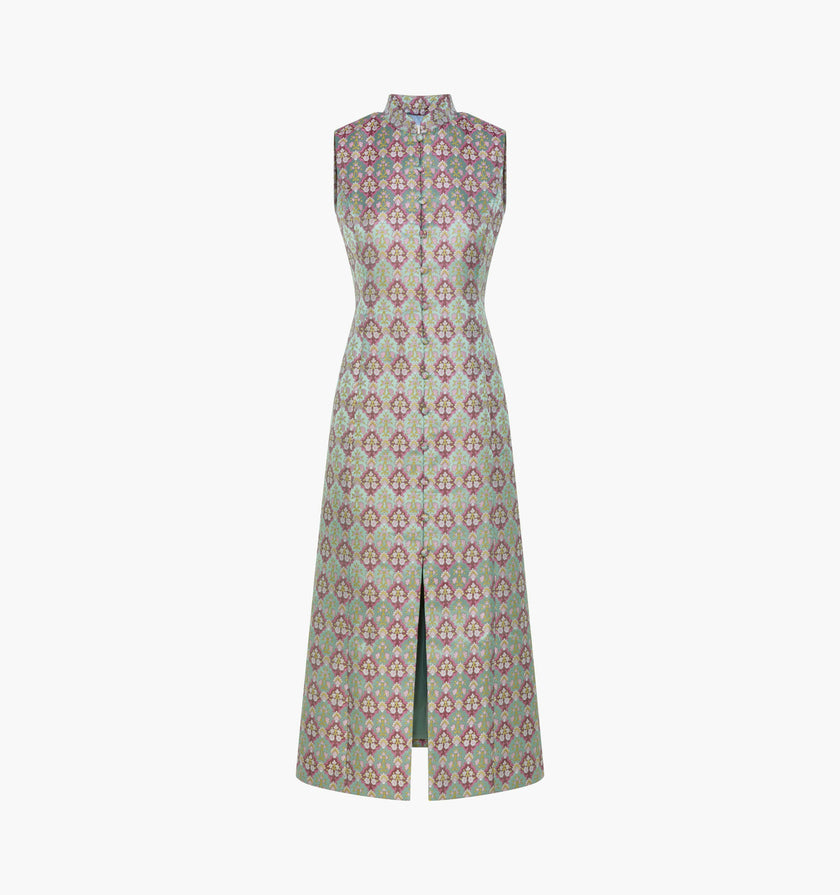 The Justina Dress - Baroque Diamond Block Berry/Green