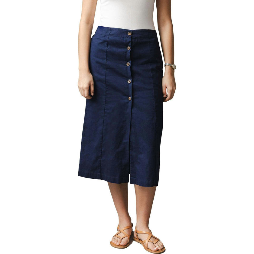 Linen Button Front Skirt, Blue