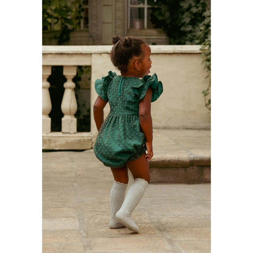 Baby Hattie Romper in Green Flocked Dot Tulle