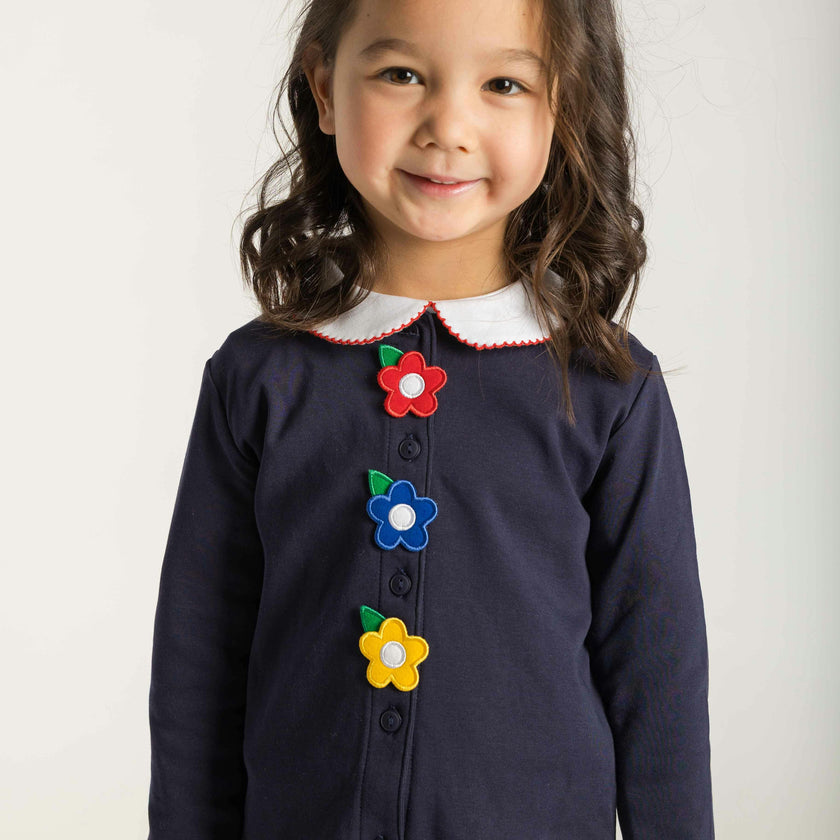 Navy Knit Cardigan With Flowers