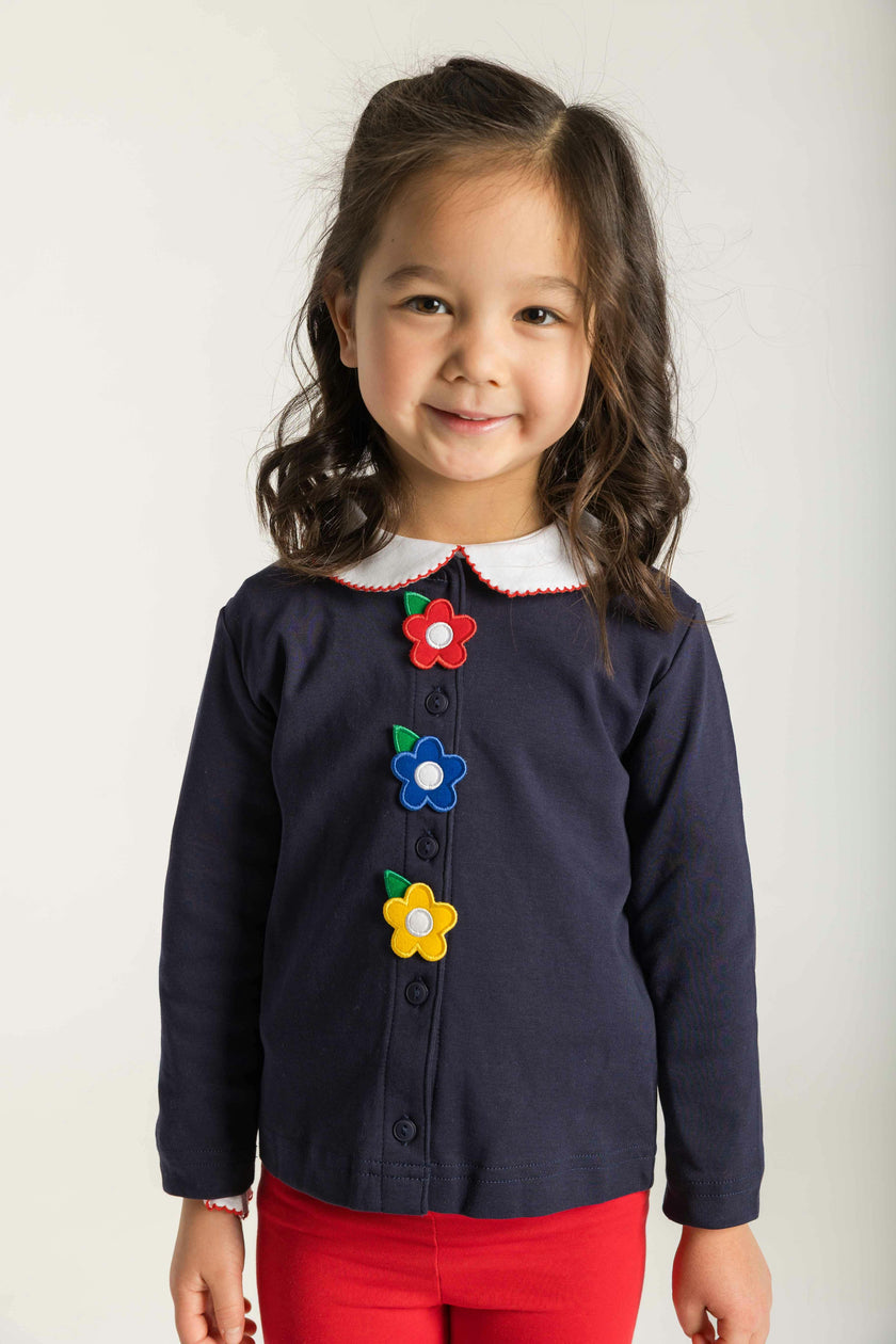 Navy Knit Cardigan With Flowers