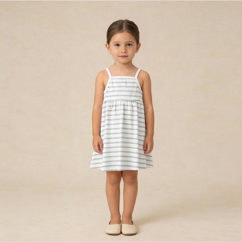 Organic Tie-Back Strap Dress - Fog Stripes