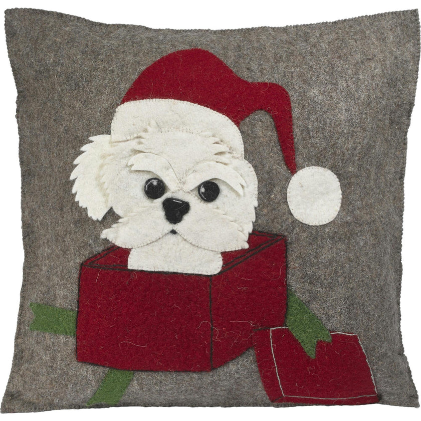 Hand Felted Wool Christmas Pillow - Dog Box - 20"