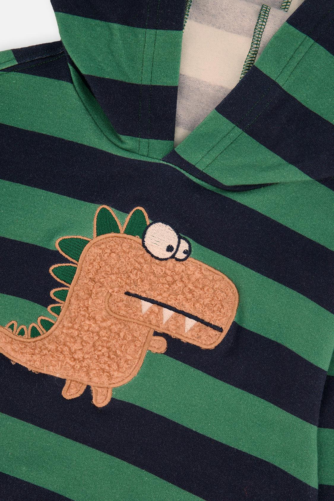 Baby Fleece Hoodie with Appliqué Blue Striped Green