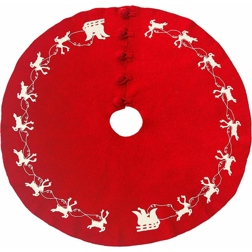 Cream Reindeer Red Christmas Tree Skirt Hand Felted Wool - 60"/72"