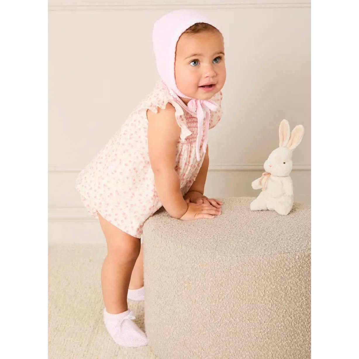 Martha Floral Hand Smocked Cap Sleeve Scallop Collar Dress in Pink (1-9mths)