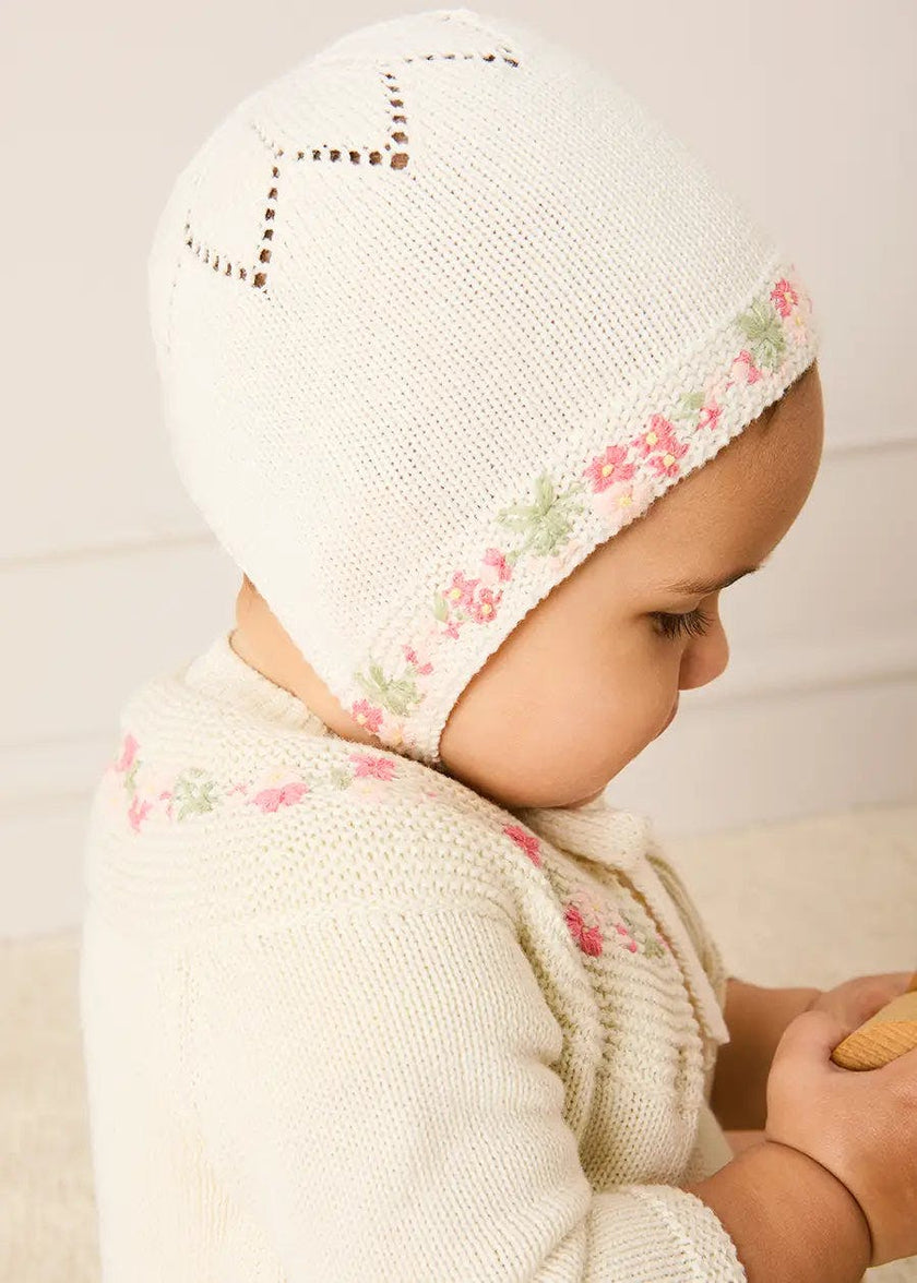 Wildflower Embroidered Two Button Cotton Newborn Cardigan in Cream (1-9mths)