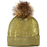 Metallic Stamp Hat With Faux Fur Pom