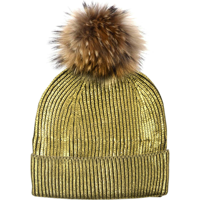 Metallic Stamp Hat With Faux Fur Pom