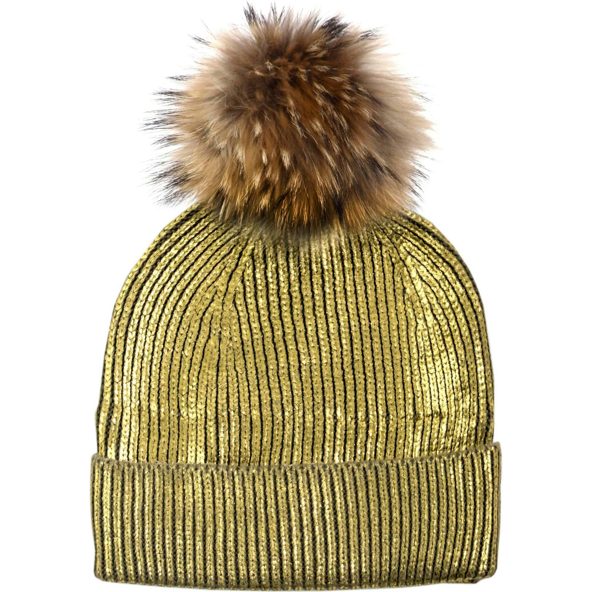 Metallic Stamp Hat With Faux Fur Pom
