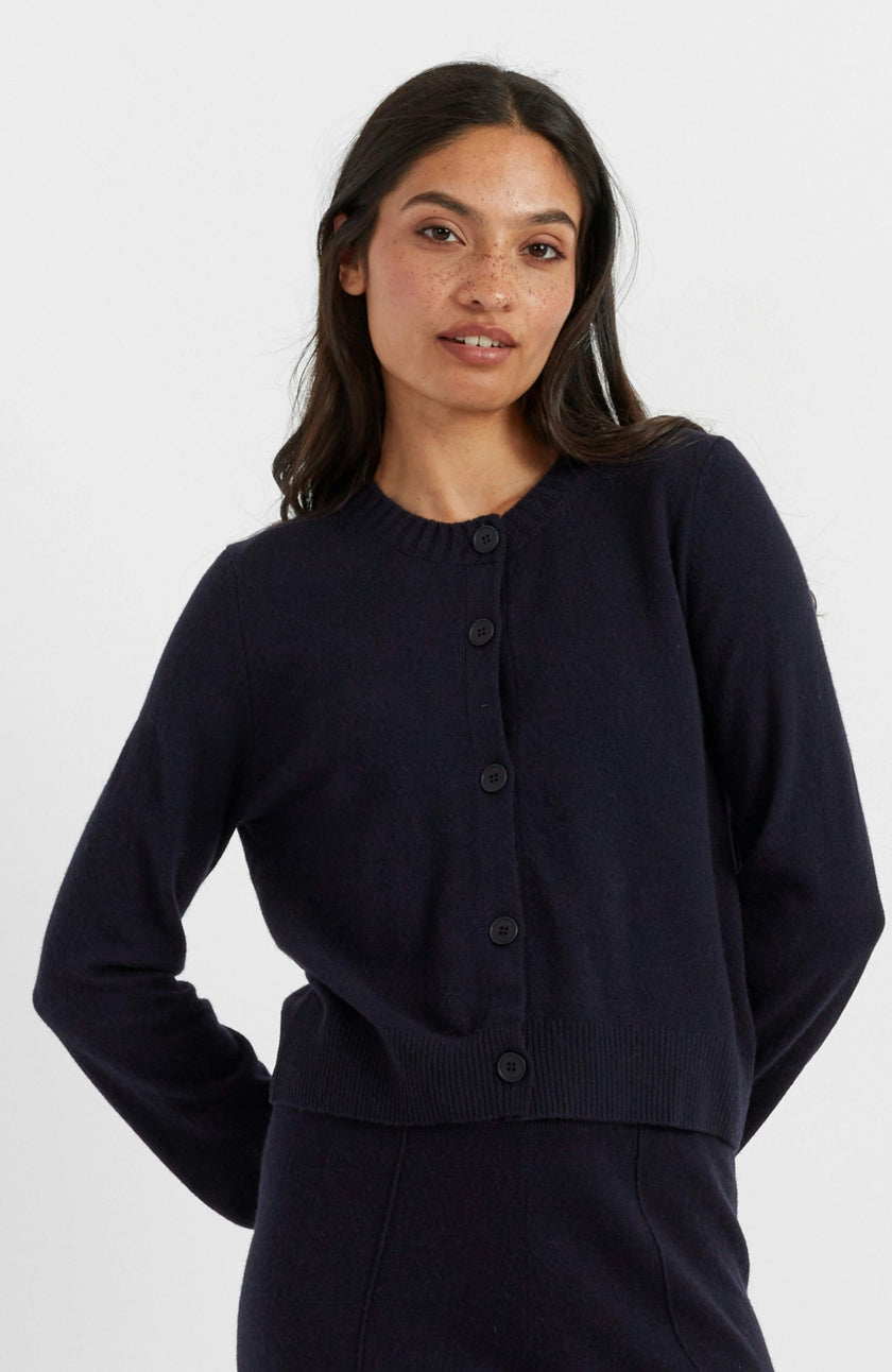 Wool Cashmere Blend Crew Neck Cropped Cardigan