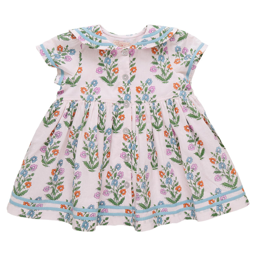 Girls Elowen Dress - Pink Dewdrop Block Print