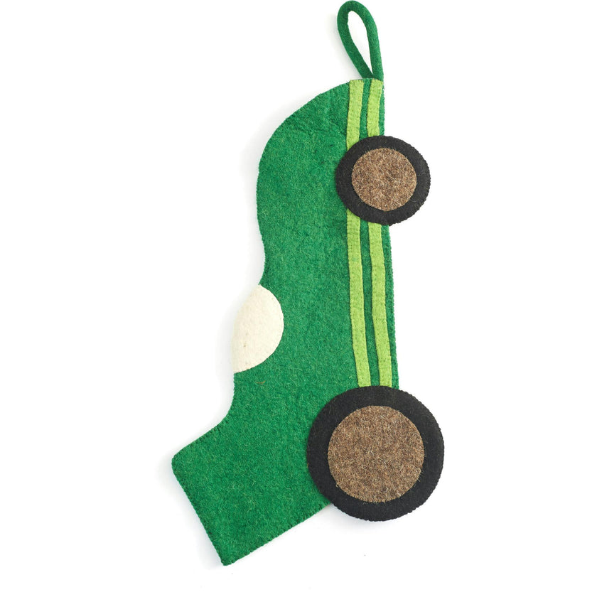 Kids Green Race Car Hand Felted Wool Christmas Stocking