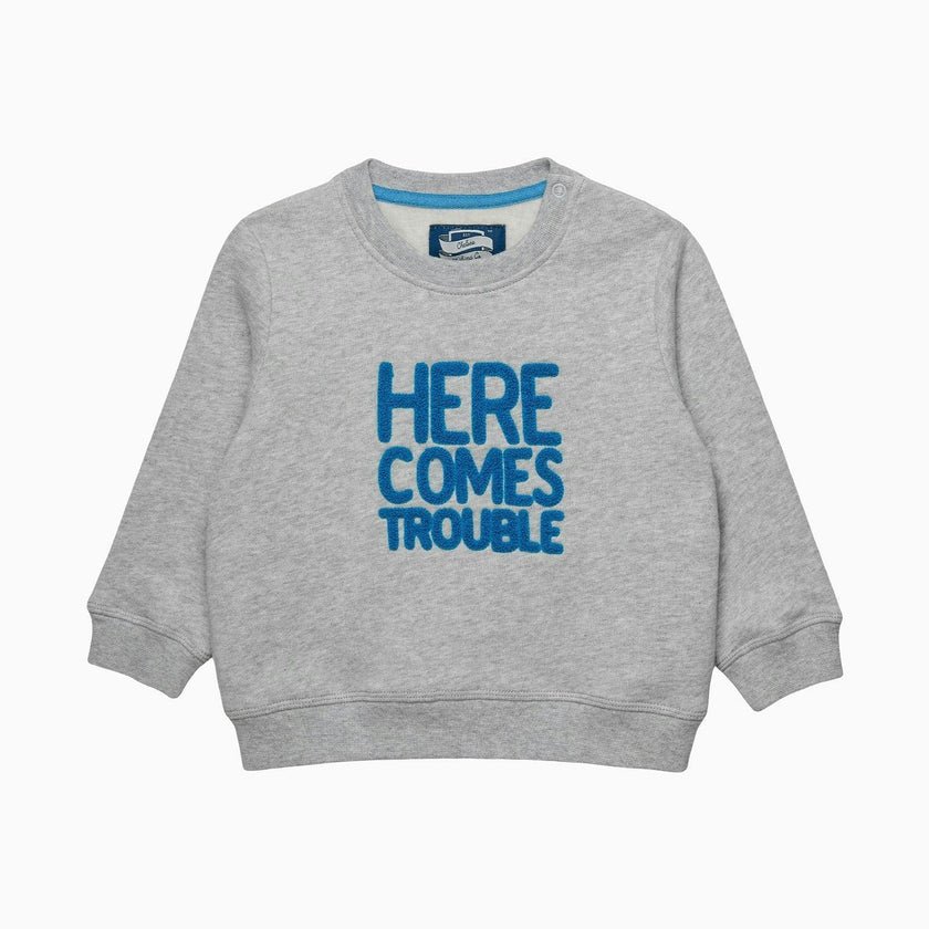 Baby Here Comes Trouble Sweatshirt in Grey Marl