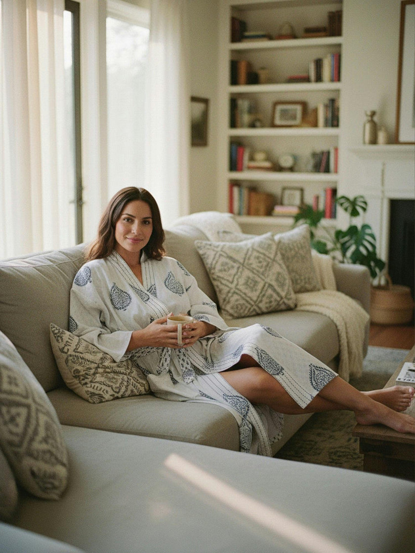 Block-Printed Cotton Women's Robe