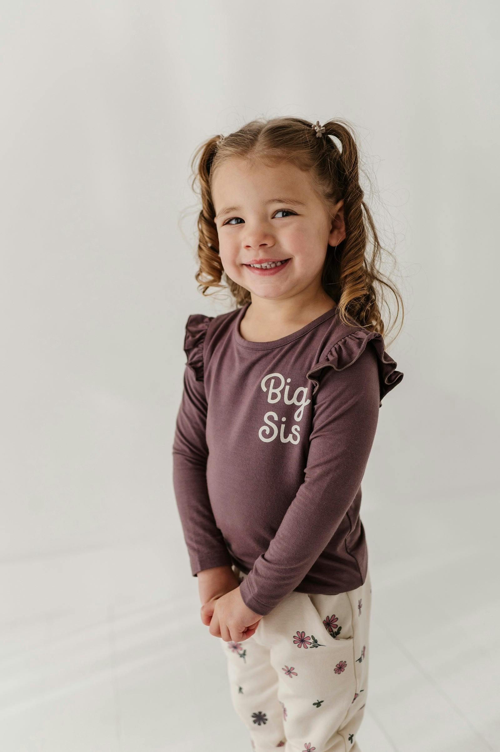 Girls Long Sleeve Ruffle Top in Big Sis in Plum