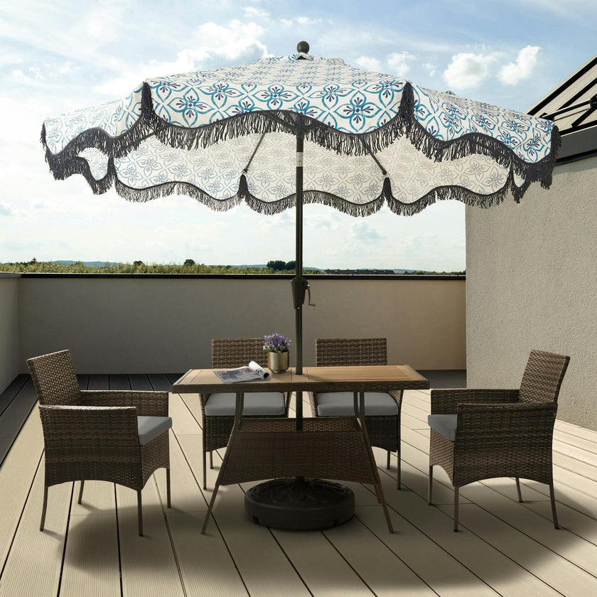 Outdoor 5-Piece Rattan and Acacia Wood Patio Dining Set with Four Chairs