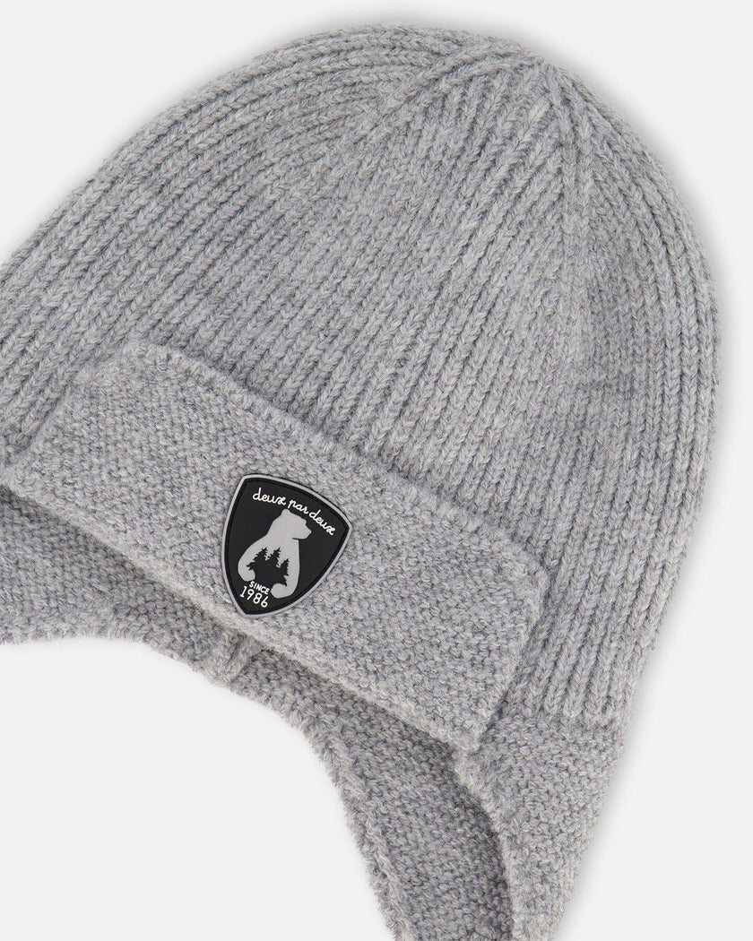 Lined Baby Knit Hat With Ears And Strings Heather Gray