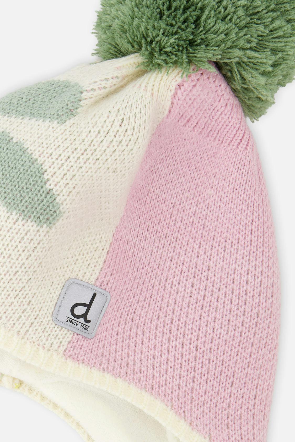 Winter Peruvian Knit Hat with Pompom Lavender Pink and Green